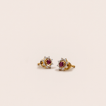 Load image into Gallery viewer, Vibrant Pink Zirconia & Diamond Floral Halo Stud Earrings in 18K Yellow Gold