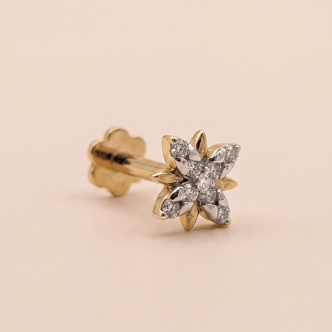 Radiant Diamond Starburst Cross Nose Pin in 18K Yellow Gold