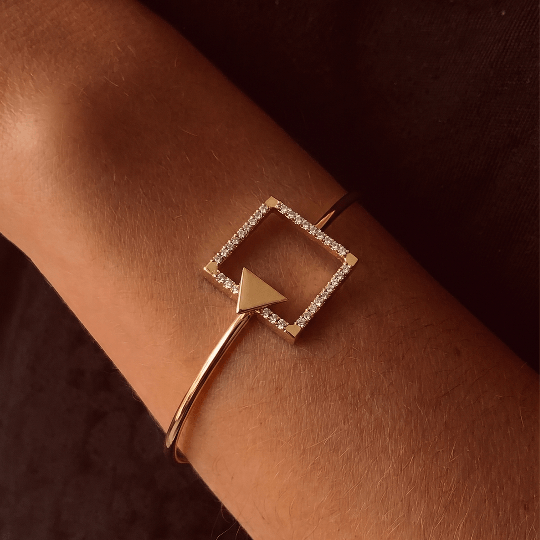 Modern Geometric Diamond Square & Triangle Openable Bangle in 18K Yellow Gold