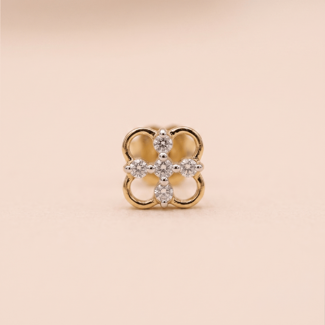 Elegant Open-Work Diamond Clover Nose Pin in 18K Yellow Gold