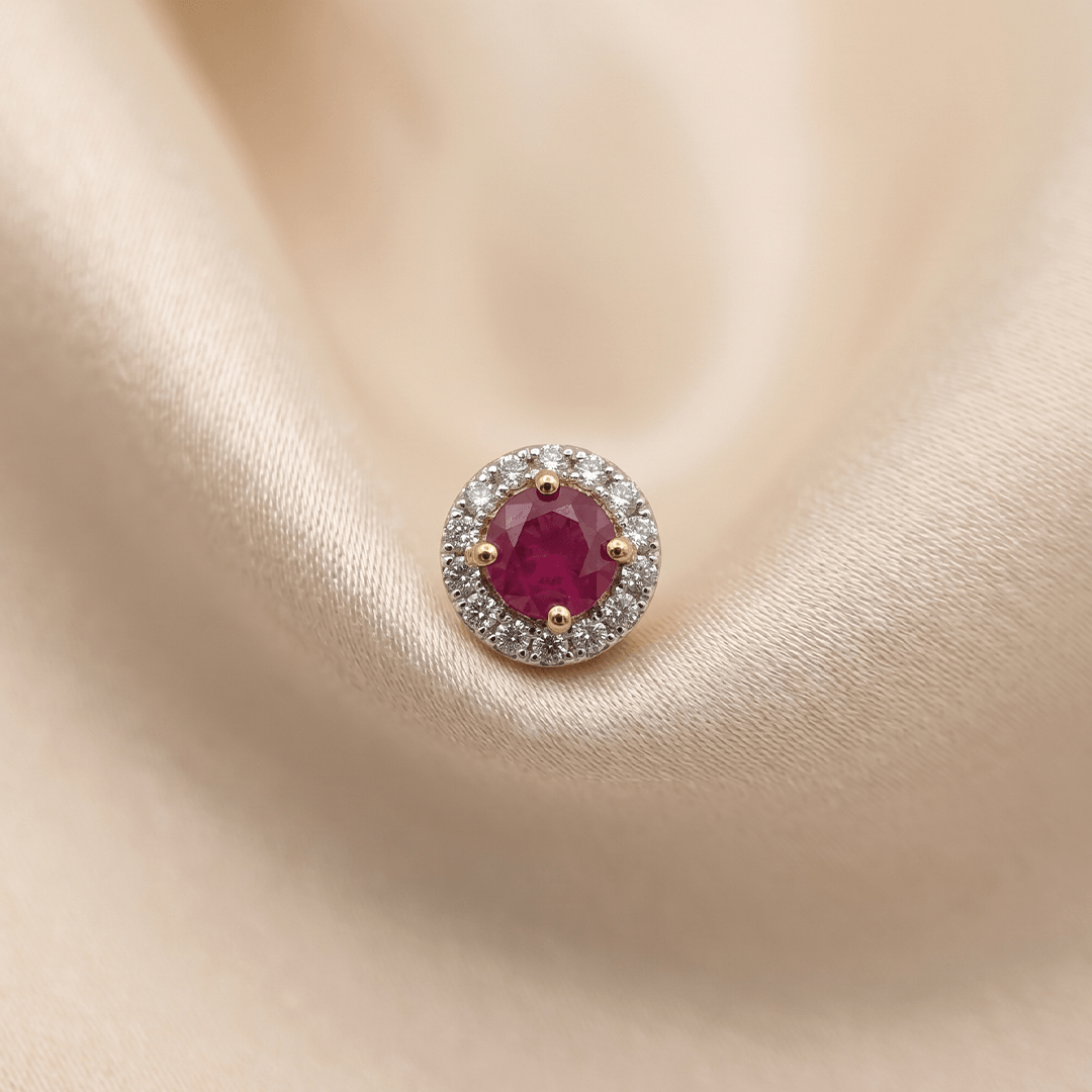 Classic Crimson Zirconia and Diamond Halo Nose Pin in 18K Yellow Gold