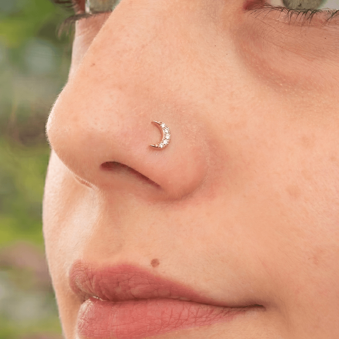 Celestial Diamond Crescent Moon Nose Pin in 18K Yellow Gold