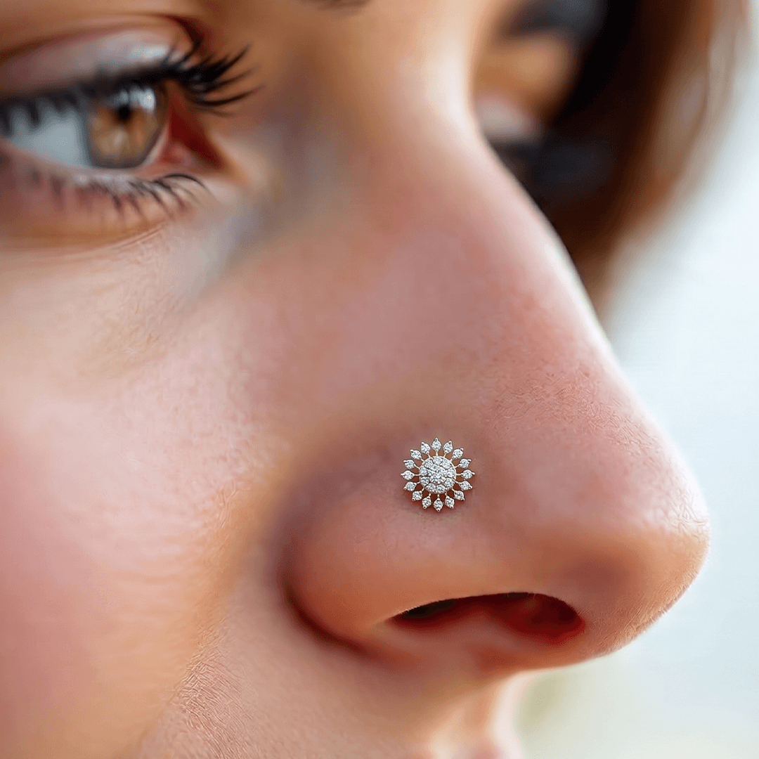 Elaborate Diamond Sunburst Cluster Nose Pin in 18K Rose Gold