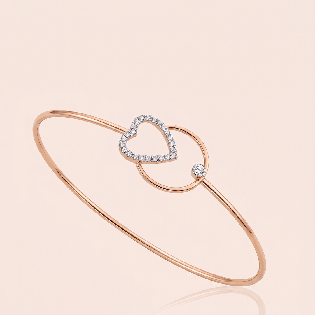 Romantic Diamond Heart and Circle Bypass Bangle in 18K Rose Gold