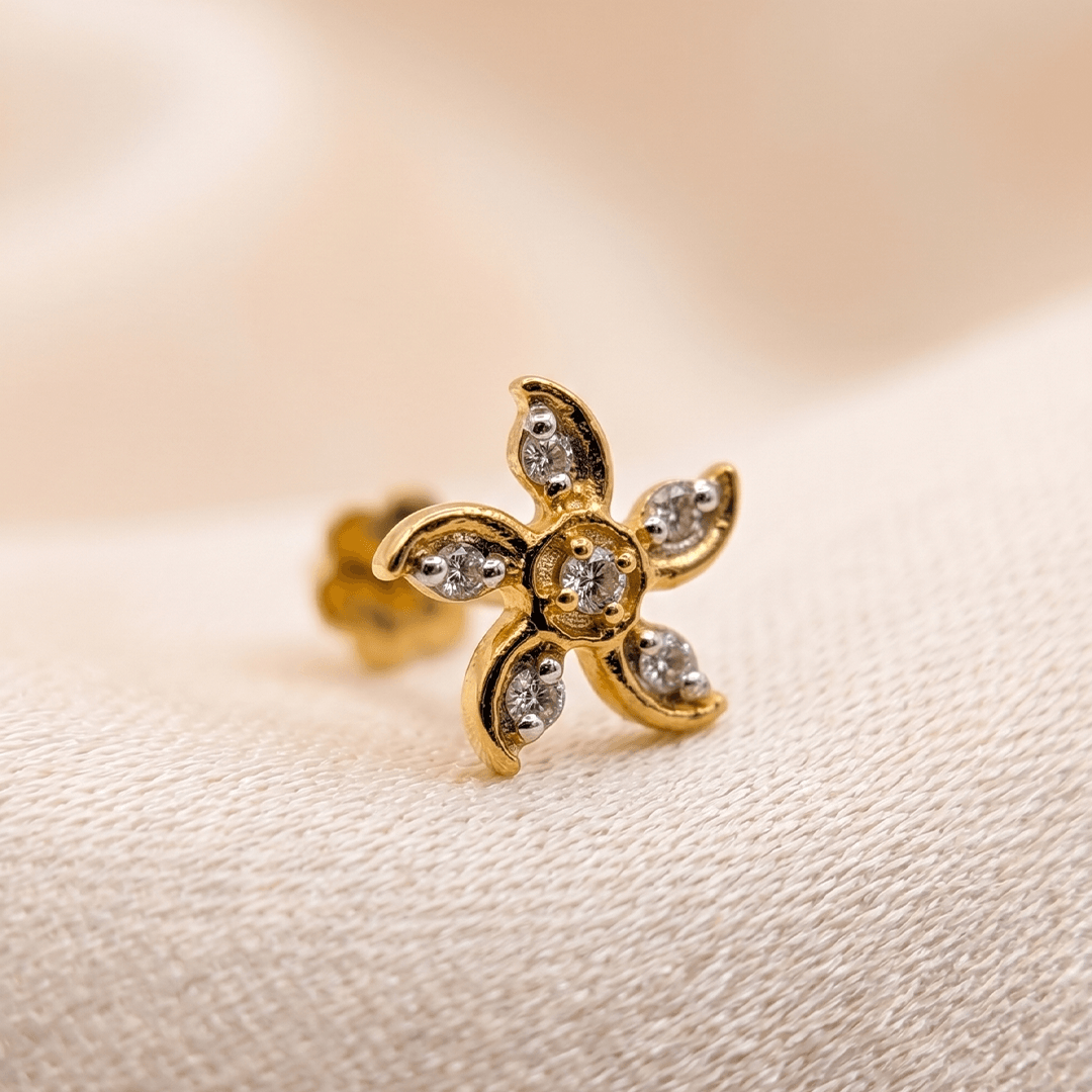 Swirling Diamond Floral Blossom Nose Pin in 18K Yellow Gold