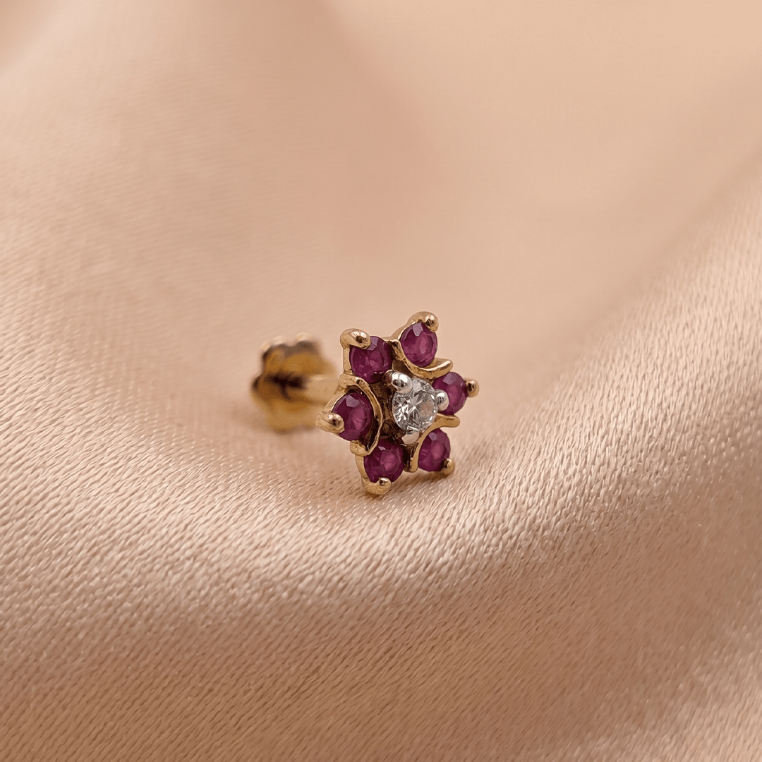 Vibrant Red Zirconia and Diamond Floral Nose Pin in 18K Yellow Gold
