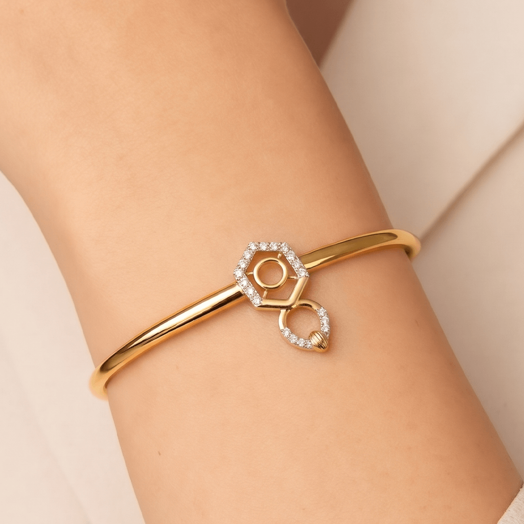 Modern Geometric Diamond Hexagon and Loop Bangle in 18K Yellow Gold