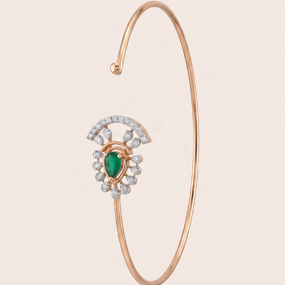 Regal Green Drop and Diamond Fan Openable Bangle in 18K Rose Gold