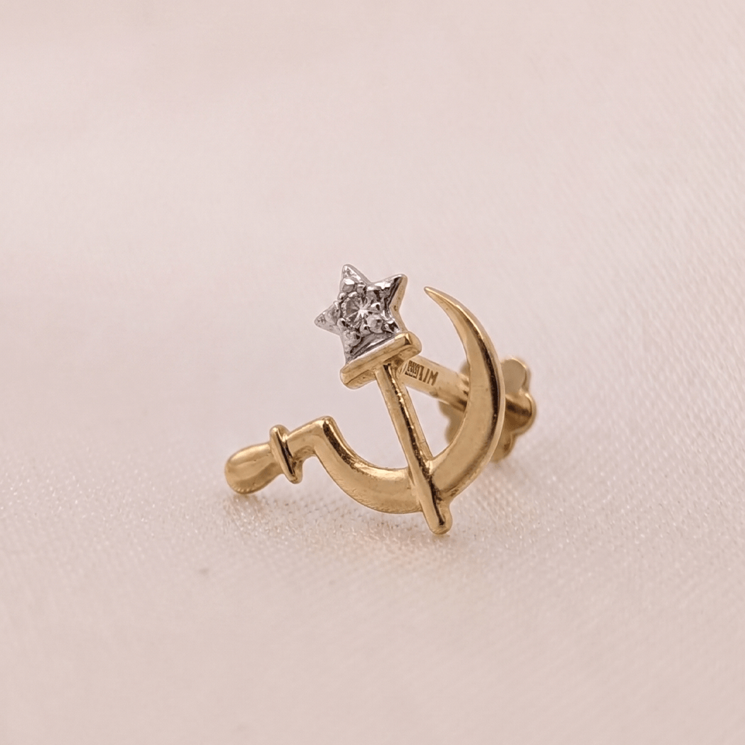 Symbolic Diamond Hammer, Sickle & Star Nose Pin in 18K Yellow Gold