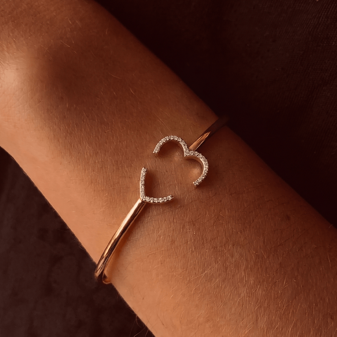 Romantic diamond split heart cuff bangle in 18k rose gold