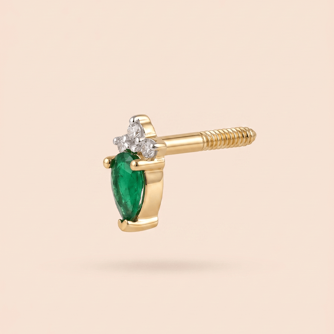 Regal Emerald Zirconia and Diamond Crown Nose Pin in 18K Yellow Gold