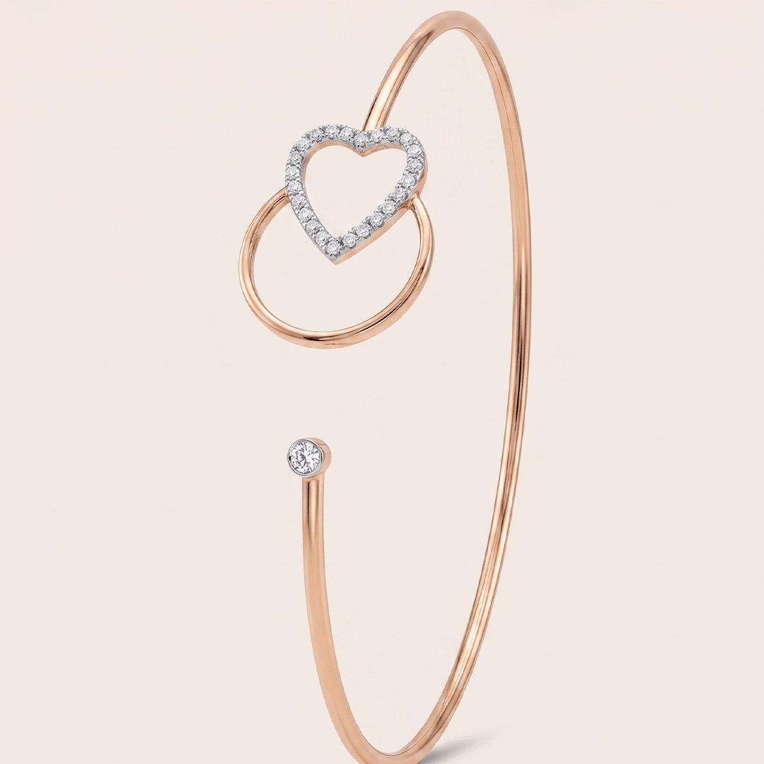 Romantic Diamond Heart and Circle Bypass Bangle in 18K Rose Gold