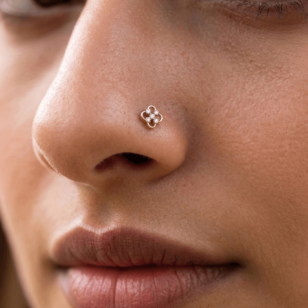 Elegant Open-Work Diamond Clover Nose Pin in 18K Yellow Gold