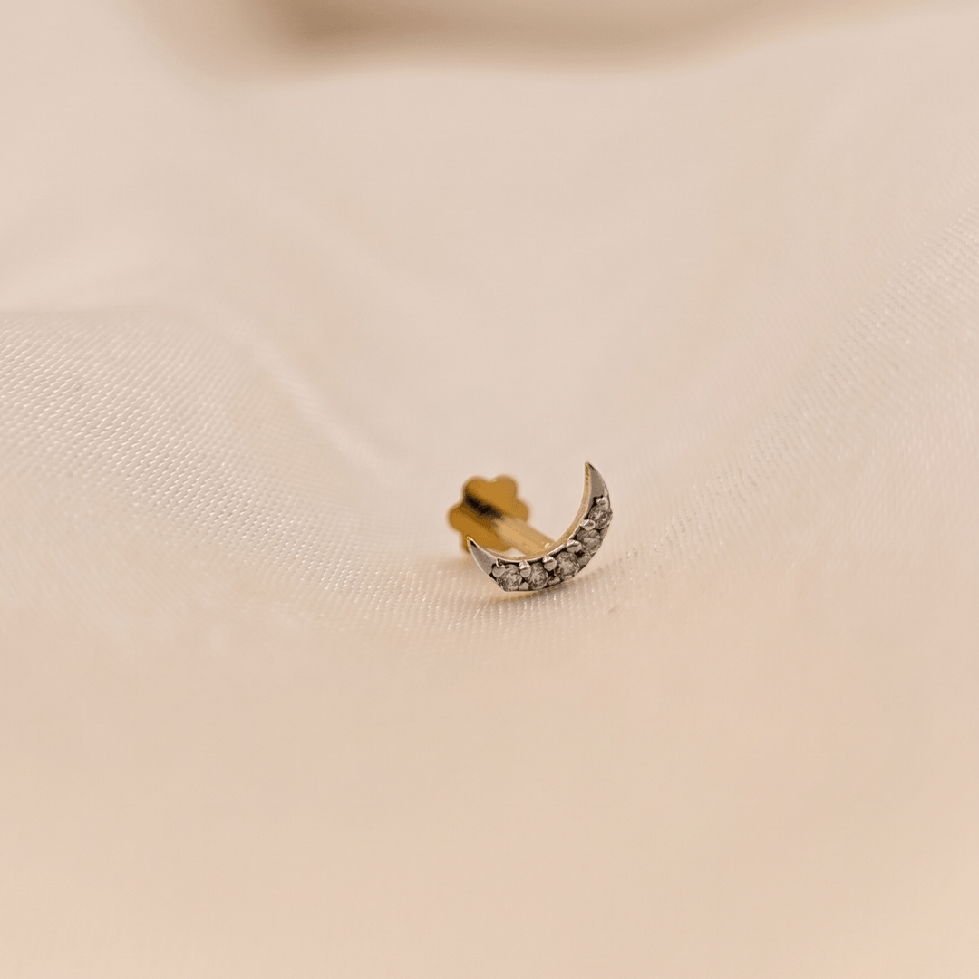 Celestial Diamond Crescent Moon Nose Pin in 18K Yellow Gold