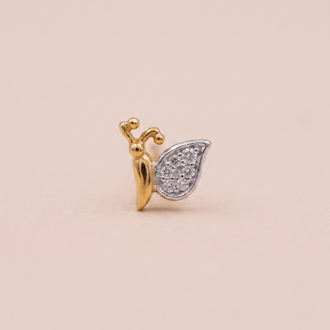 Whimsical Diamond Butterfly Nose Pin in 18K Yellow Gold