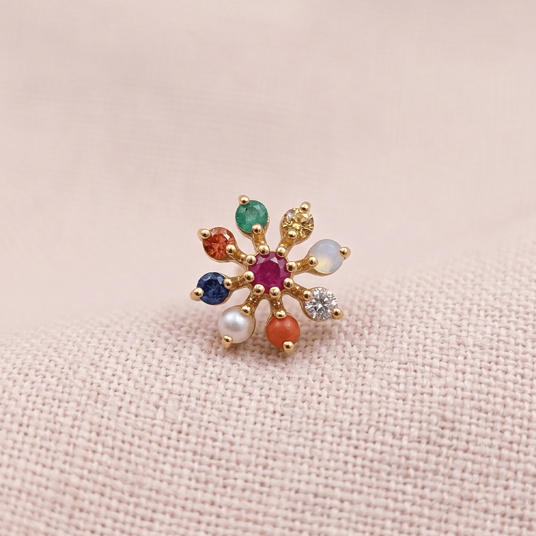 Vibrant Navaratna-Inspired Floral Nose Pin in 18K Yellow Gold