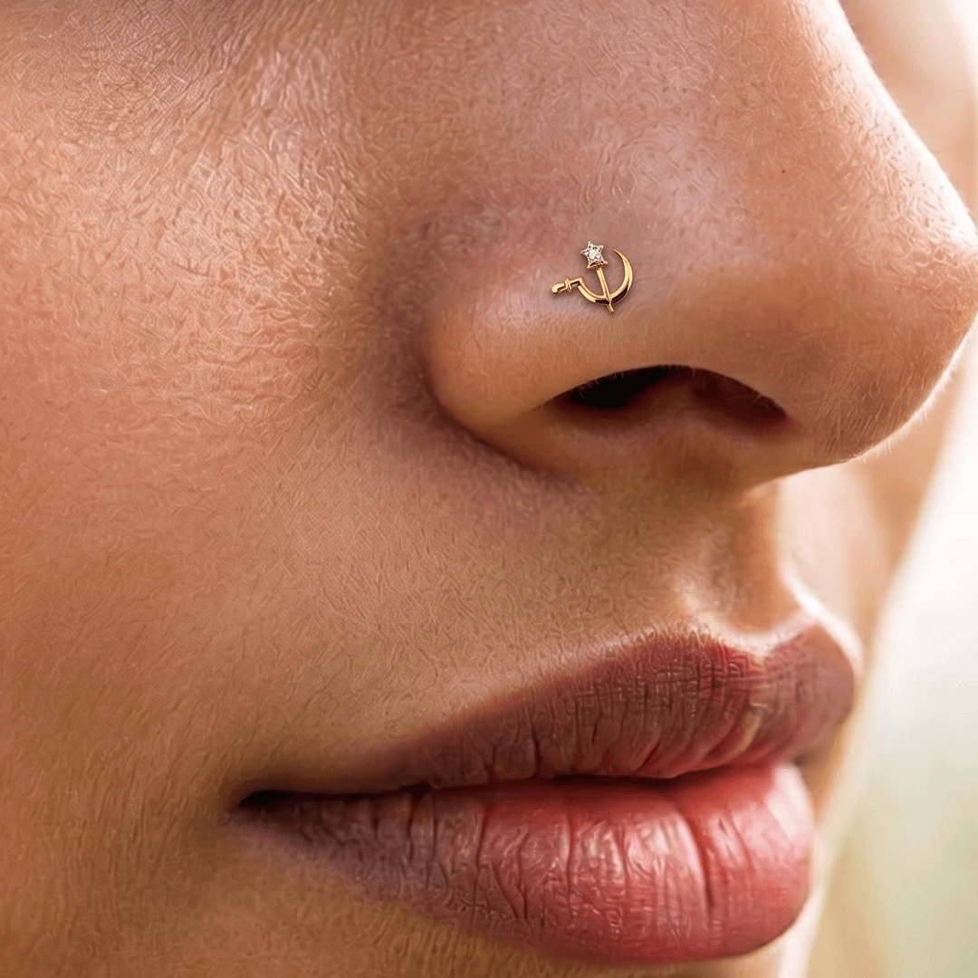 Symbolic Diamond Hammer, Sickle & Star Nose Pin in 18K Yellow Gold