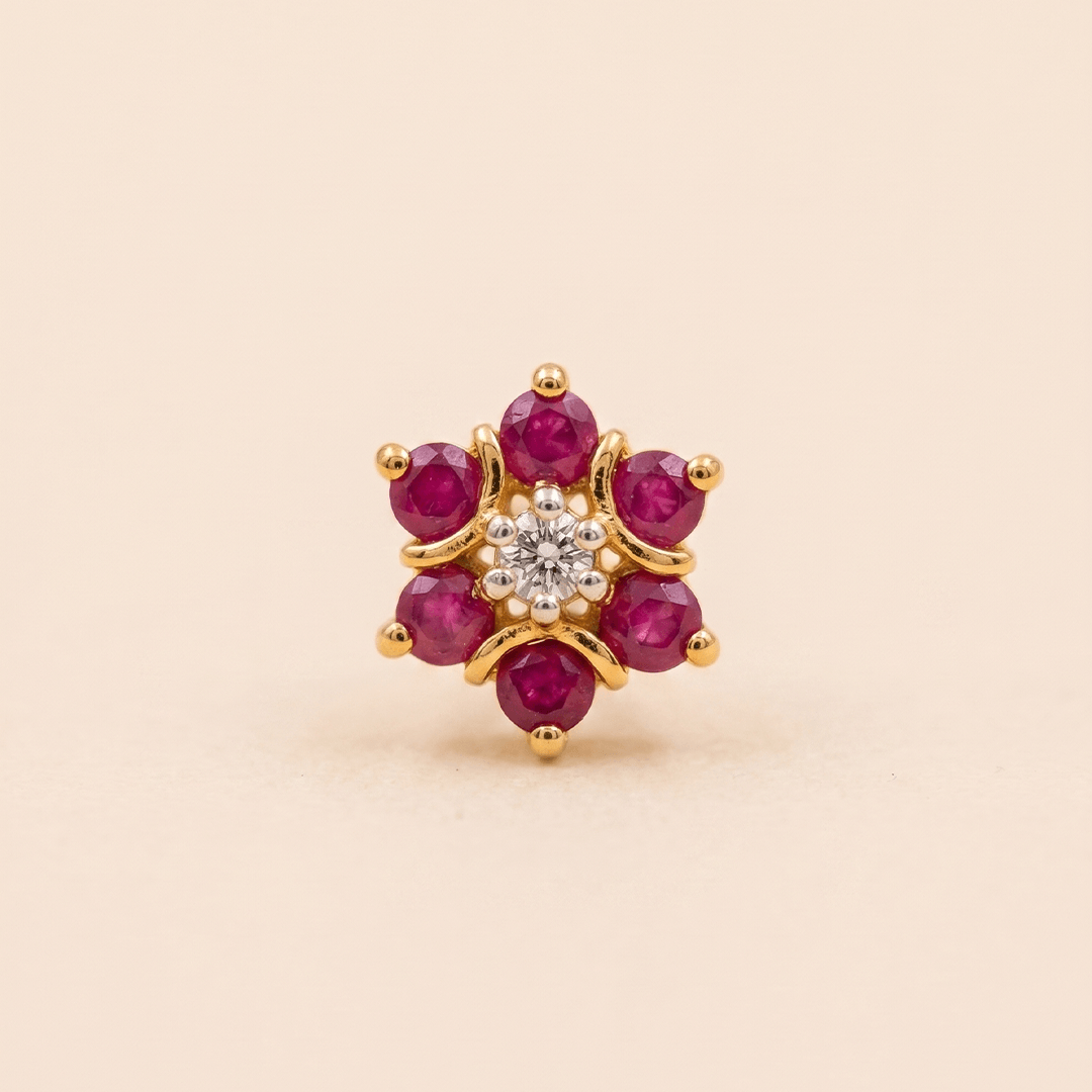 Vibrant Red Zirconia and Diamond Floral Nose Pin in 18K Yellow Gold