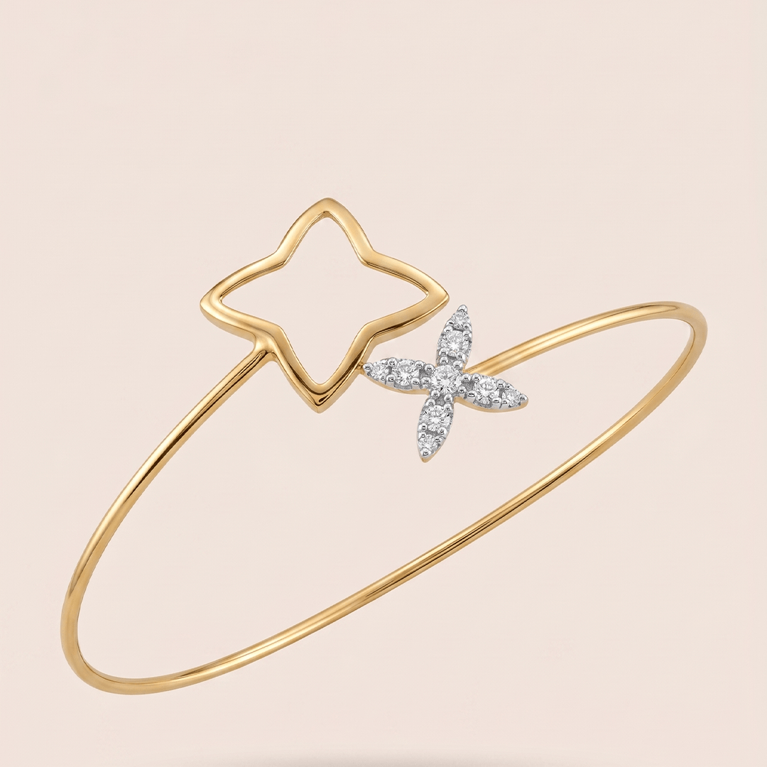 Modern Diamond Interlocking Floral Star Bangle in 18K Yellow Gold