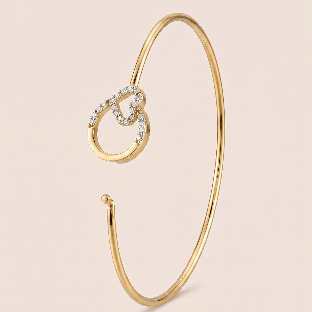 Romantic Diamond Interlocking Heart and Circle Bangle in 18K Yellow Gold
