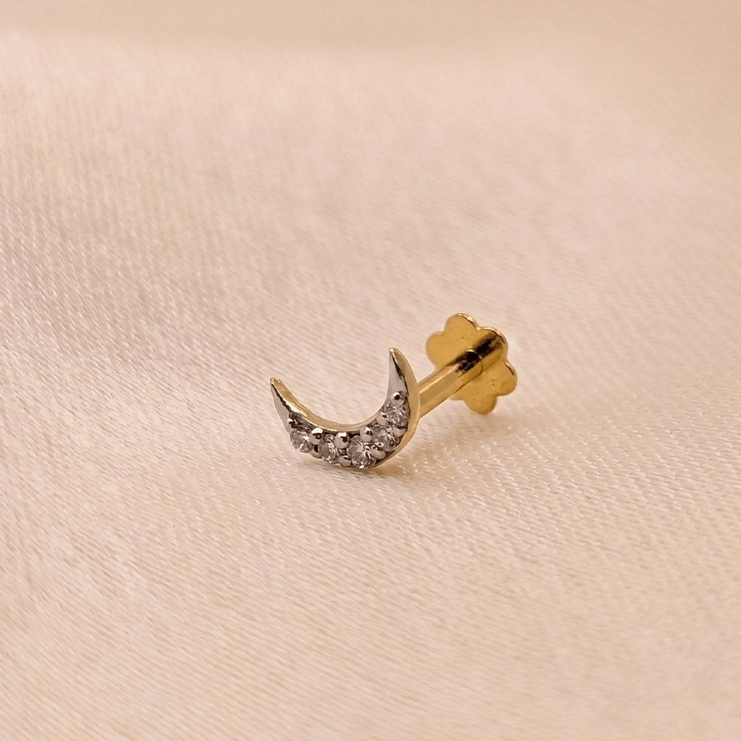 Celestial Diamond Crescent Moon Nose Pin in 18K Yellow Gold