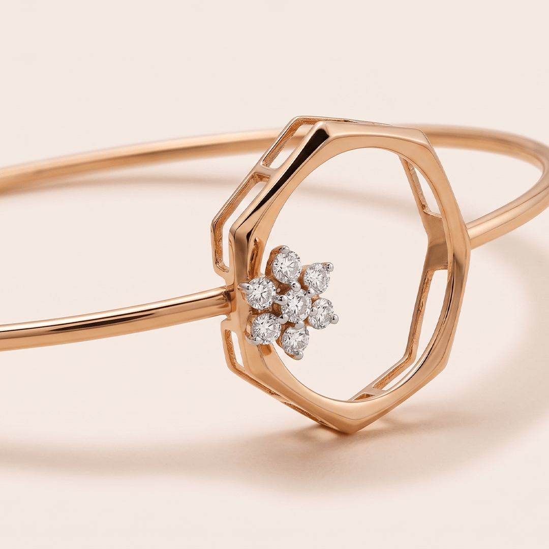 Modern Diamond Floral Hexagon Bypass Bangle in 18K Rose Gold