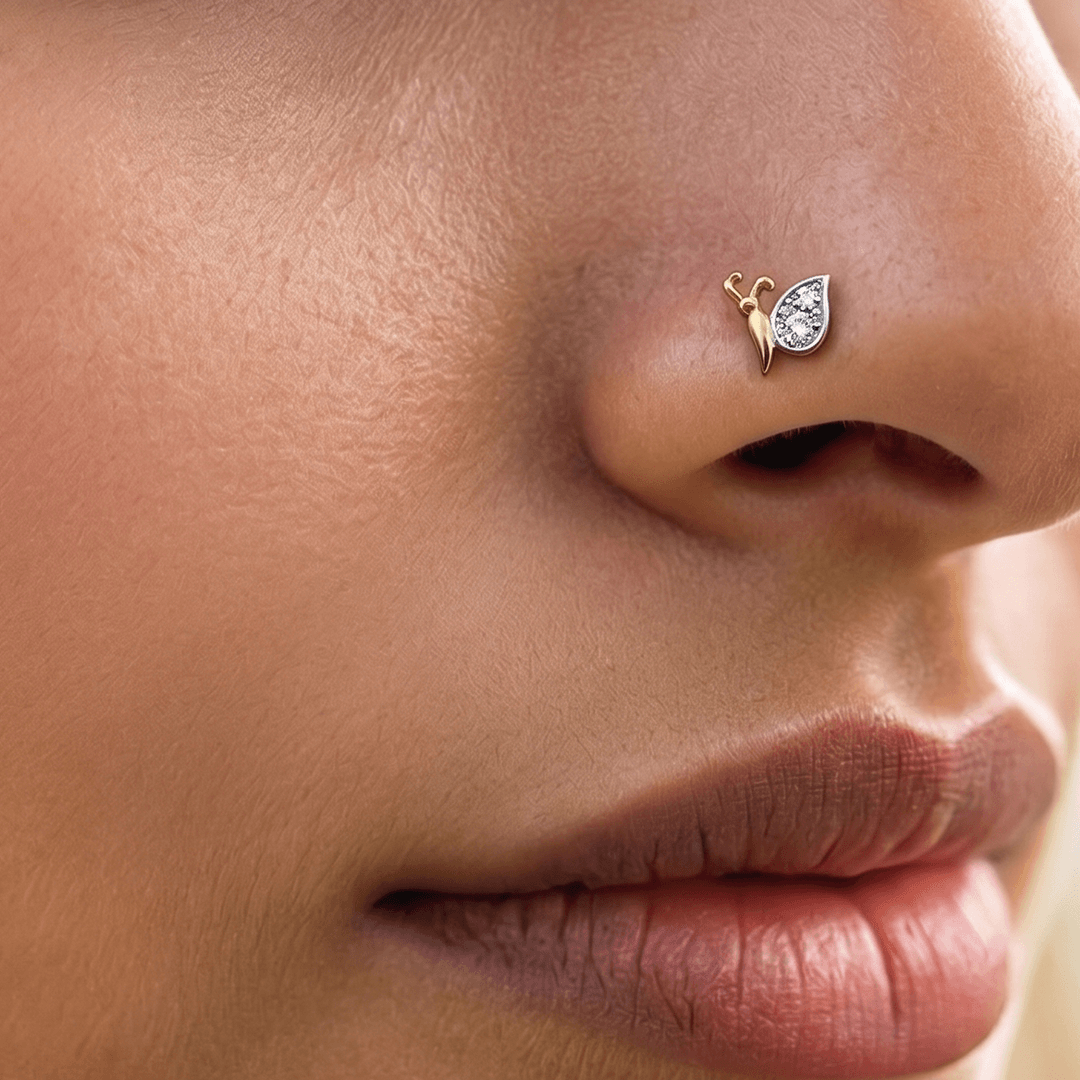 Whimsical Diamond Butterfly Nose Pin in 18K Yellow Gold