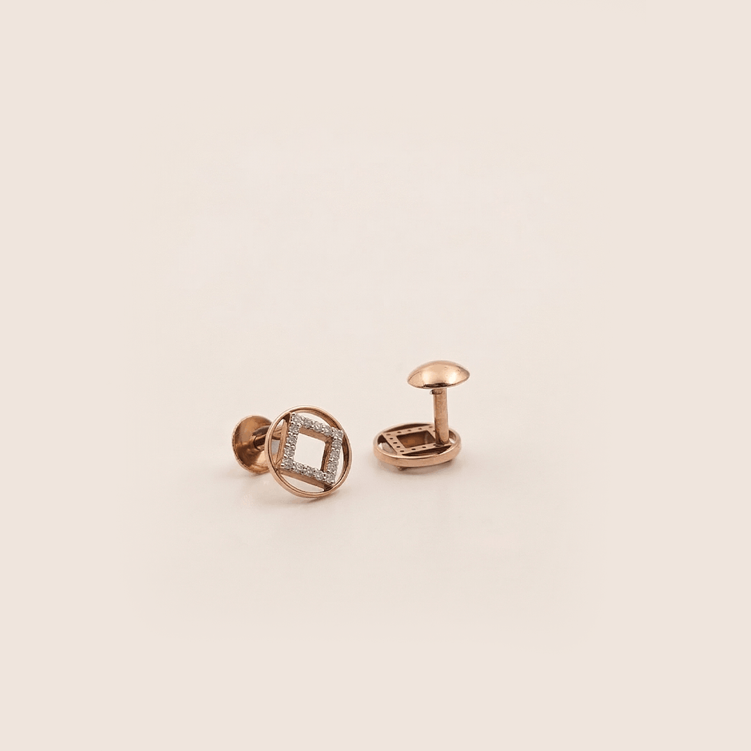 Modern geometric circle & square diamond stud earrings in 18k rose gold