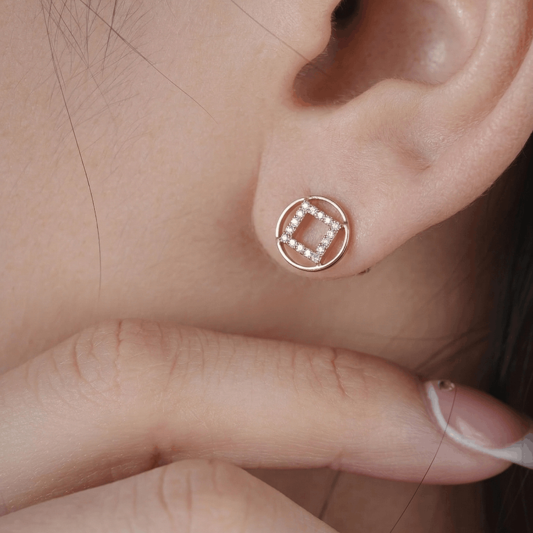 Modern Geometric Circle & Square Diamond Stud Earrings in 18K Rose Gold