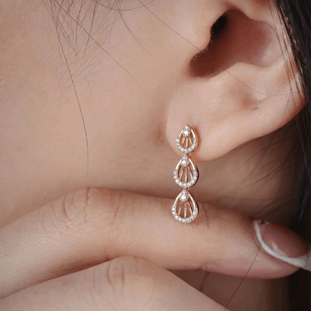 Cascading Triple Teardrop Diamond Dangle Earrings in 18K Rose Gold