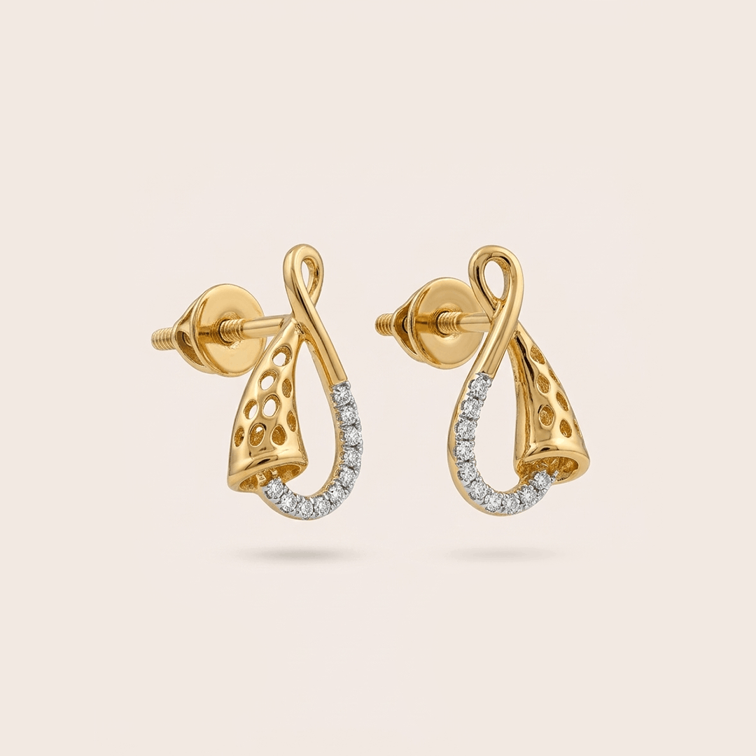 Sculpted Ribbon Twist 18K Yellow Gold Diamond Stud Earrings