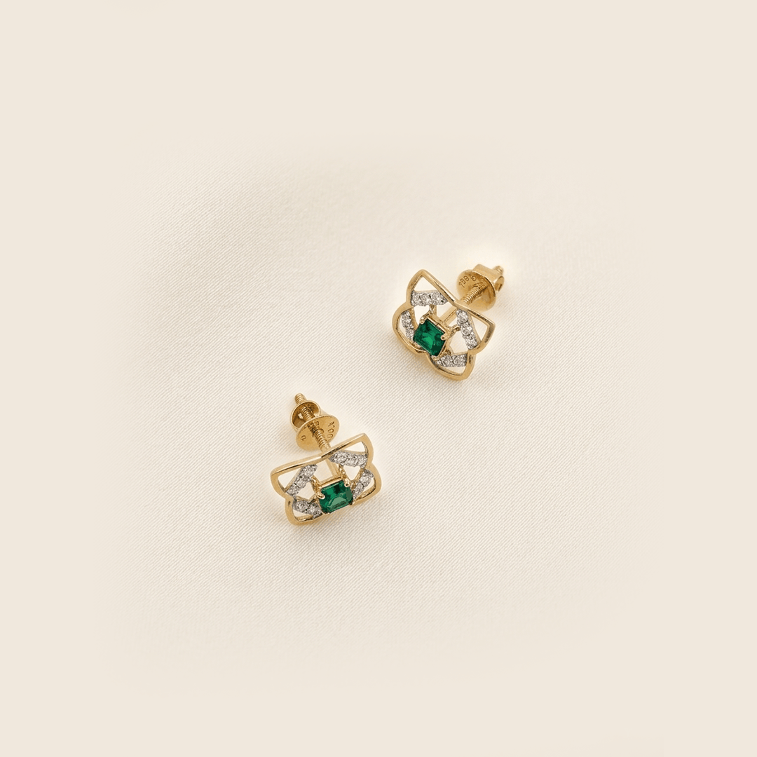 Geometric Clover Diamond & Green Gem Stud Earrings in 18K Yellow Gold