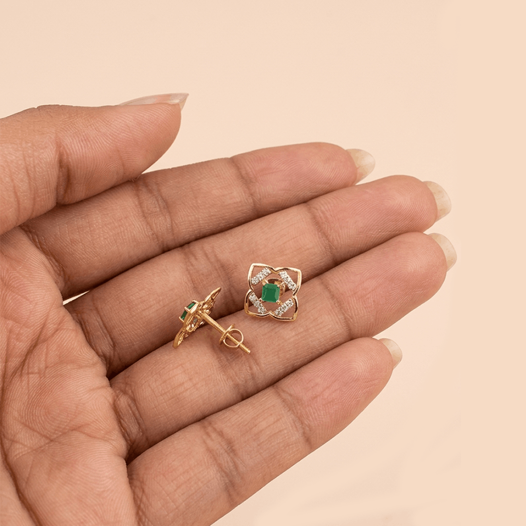 Geometric Clover Diamond & Green Gem Stud Earrings in 18K Yellow Gold