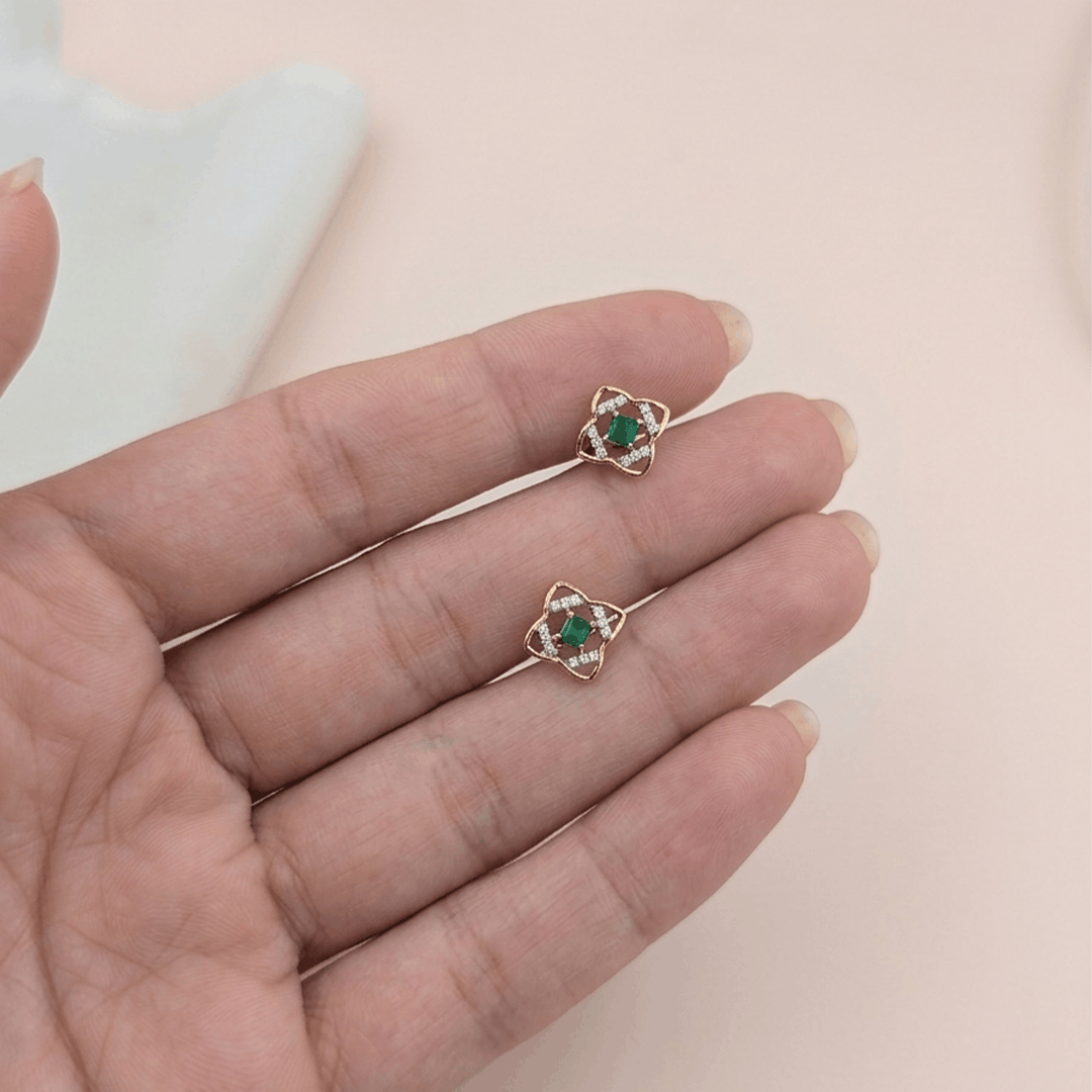 Geometric Clover Diamond & Green Gem Stud Earrings in 18K Yellow Gold