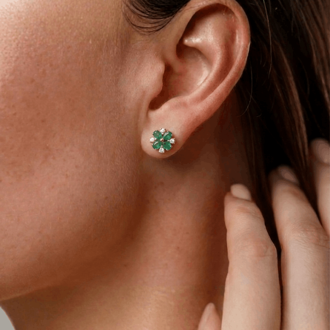 Verdant Floral Bloom 18K Rose Gold Diamond & Green Gem Stud Earrings