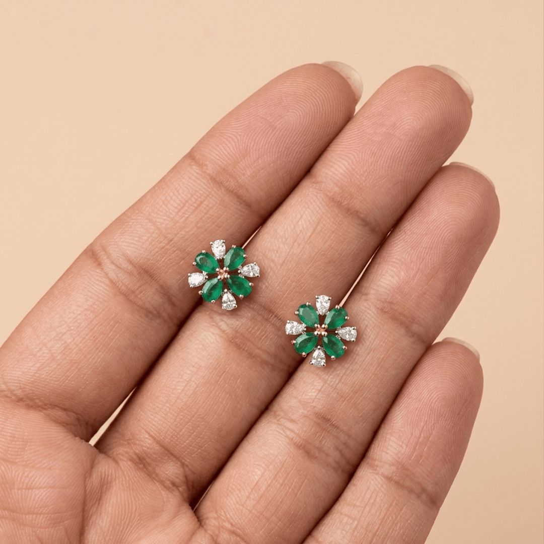 Verdant Floral Bloom 18K Rose Gold Diamond & Green Gem Stud Earrings