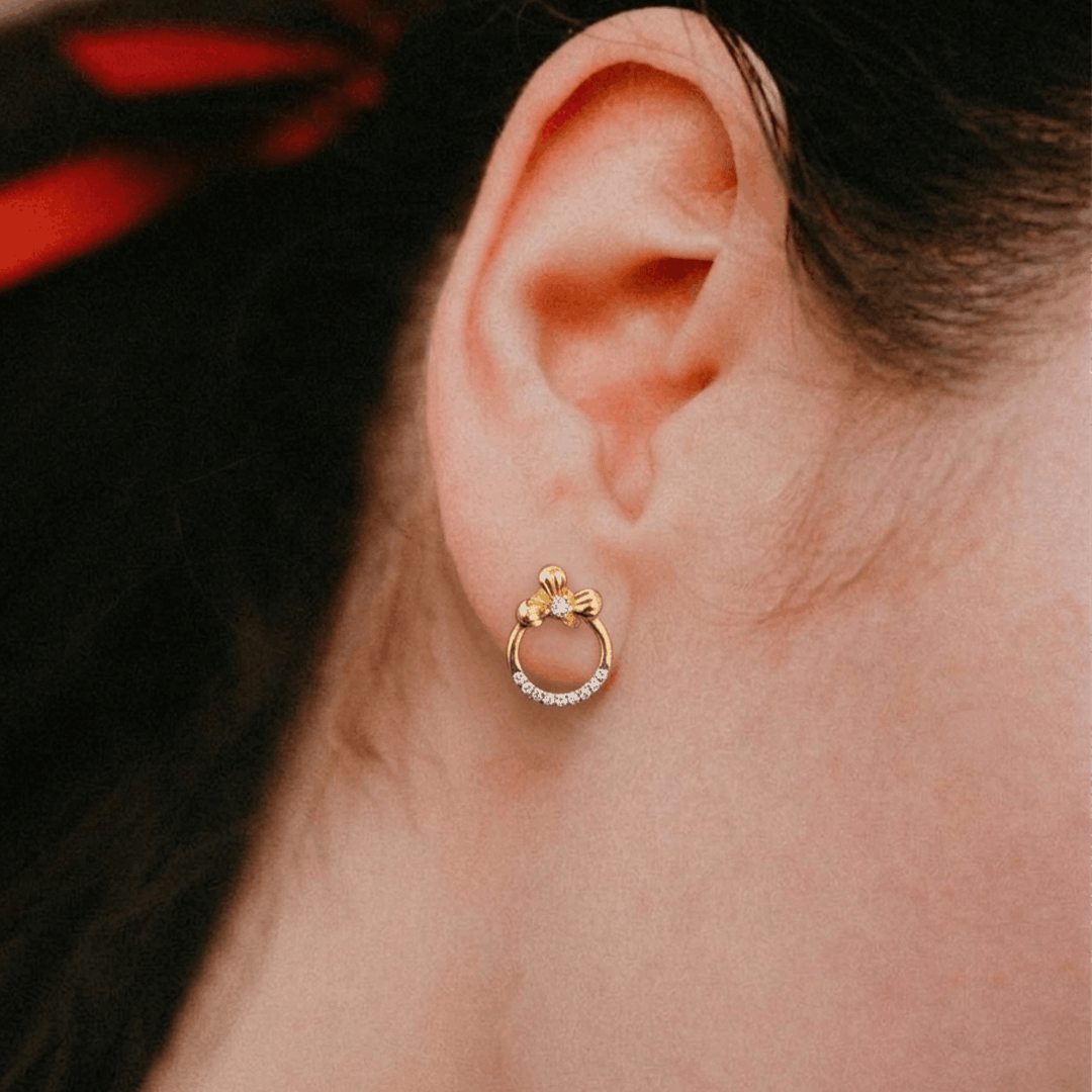 Delicate Ribbon Halo 18K Yellow Gold Diamond Stud Earrings