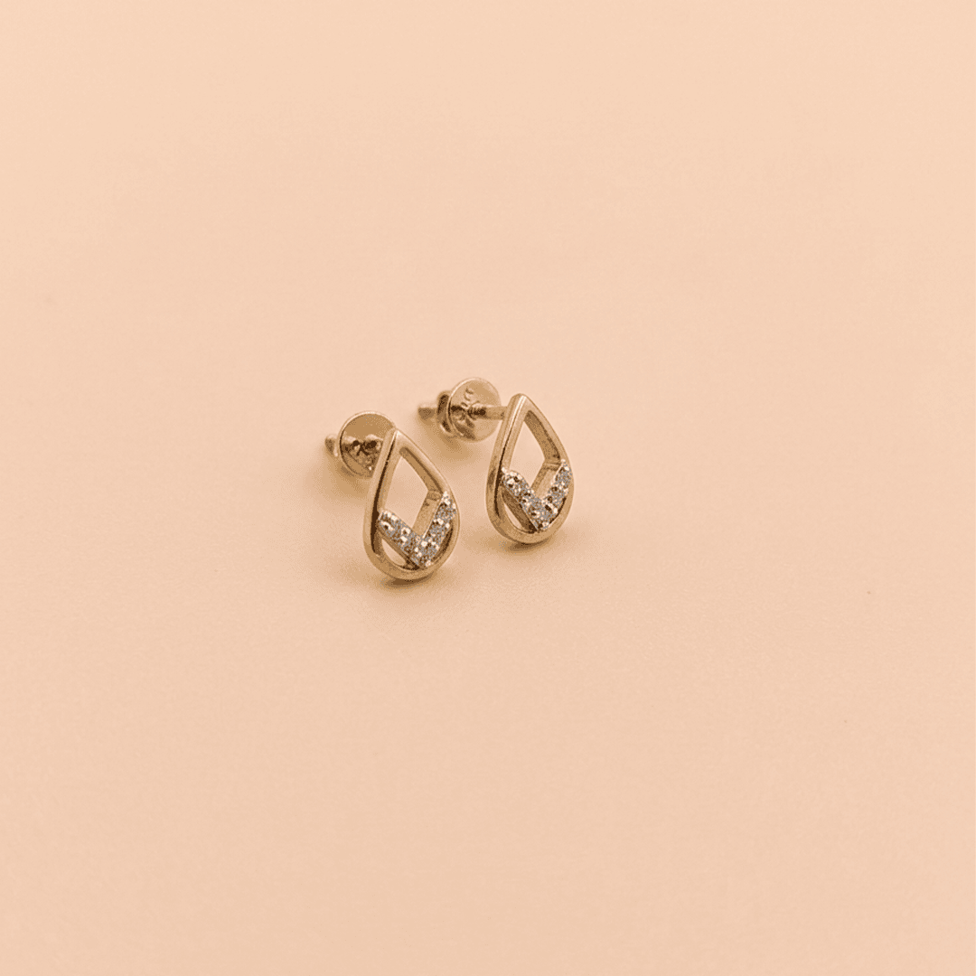 Open Teardrop & Chevron Diamond Stud Earrings in 18K Yellow Gold