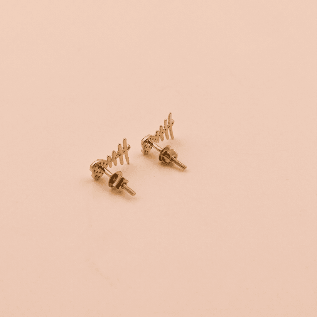 Whimsical Heart Fishbone Diamond Stud Earrings in 18K Yellow Gold