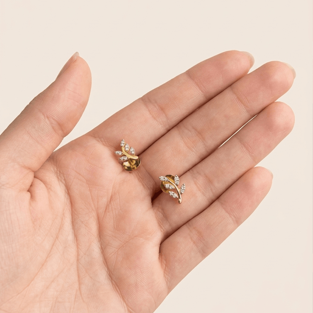Delicate Diamond Leaf Sprig 18K Yellow Gold Stud Earrings