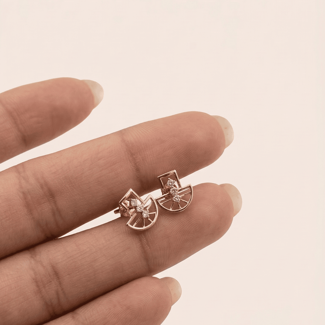 Geometric Art Deco Diamond Stud Earrings in 18K Rose Gold