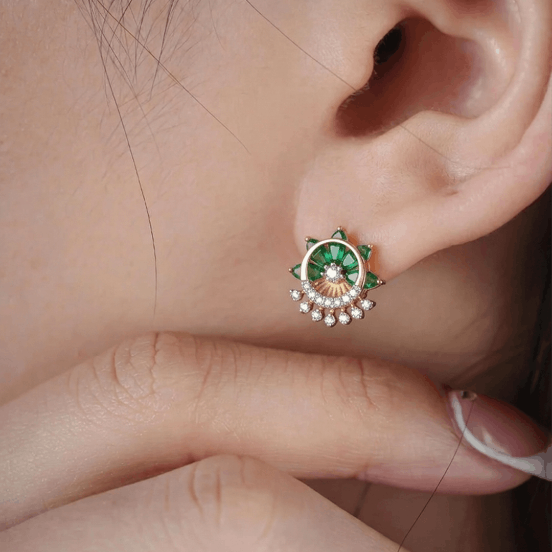 Verdant Bloom 18K Rose Gold Diamond & Green Zirconia Stud Earrings
