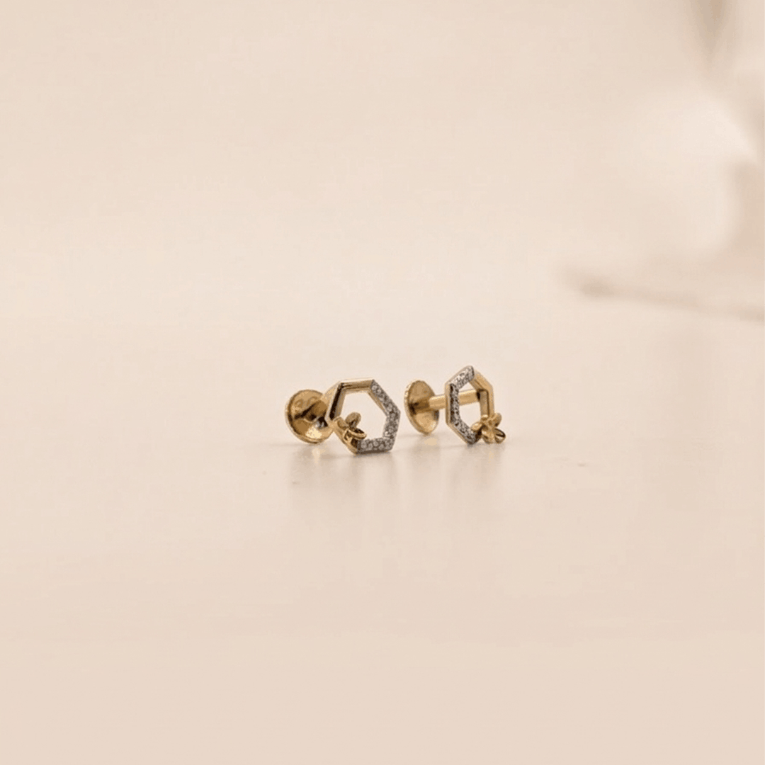 Geometric Bloom 18K Yellow Gold Diamond Hexagon Studs