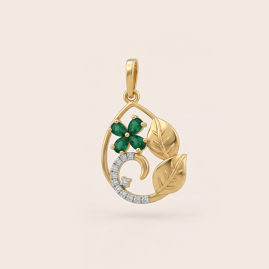 Emerald Bloom & Golden Leaf Pendant in 18K Yellow Gold