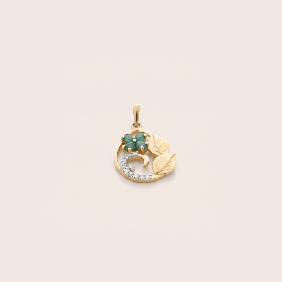 Emerald Bloom & Golden Leaf Pendant in 18K Yellow Gold