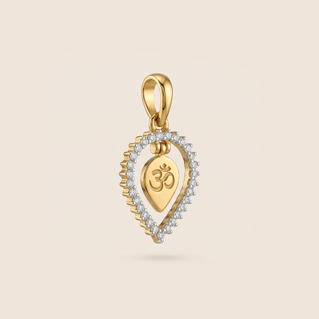 Sacred Om Leaf Diamond Pendant in 18K Yellow Gold