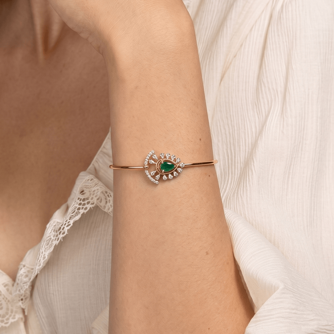 Regal green drop and diamond fan openable bangle in 18k rose gold