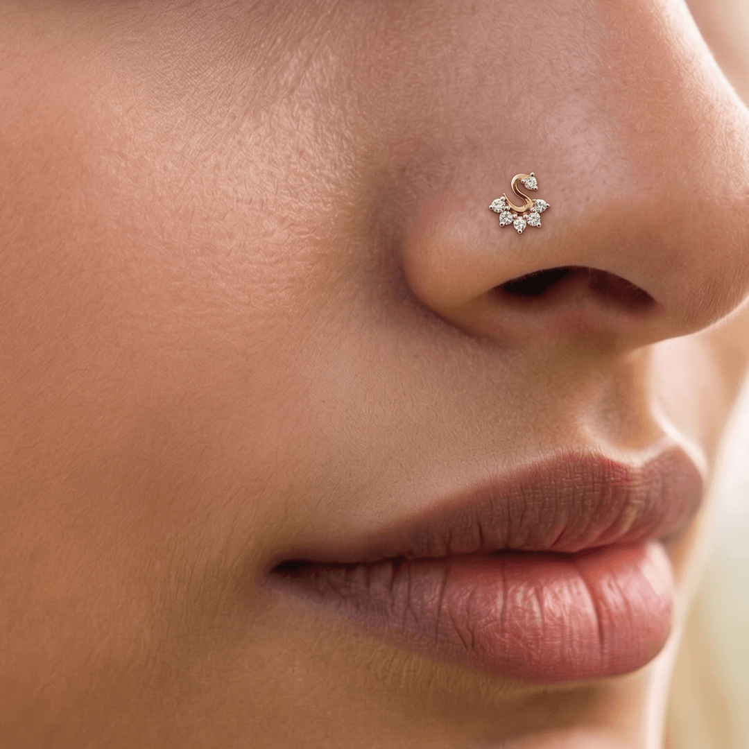 Diamond initial 's' nose pin in 18k yellow gold