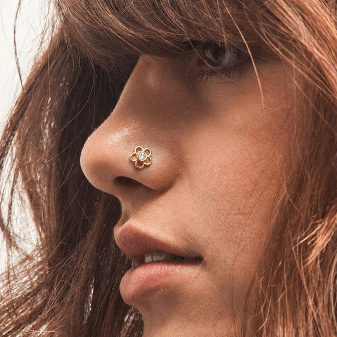 Dainty Open Petal Diamond Floral Nose Pin in 18K Yellow Gold