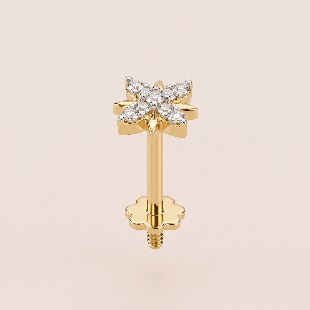 Radiant Diamond Starburst Cross Nose Pin in 18K Yellow Gold